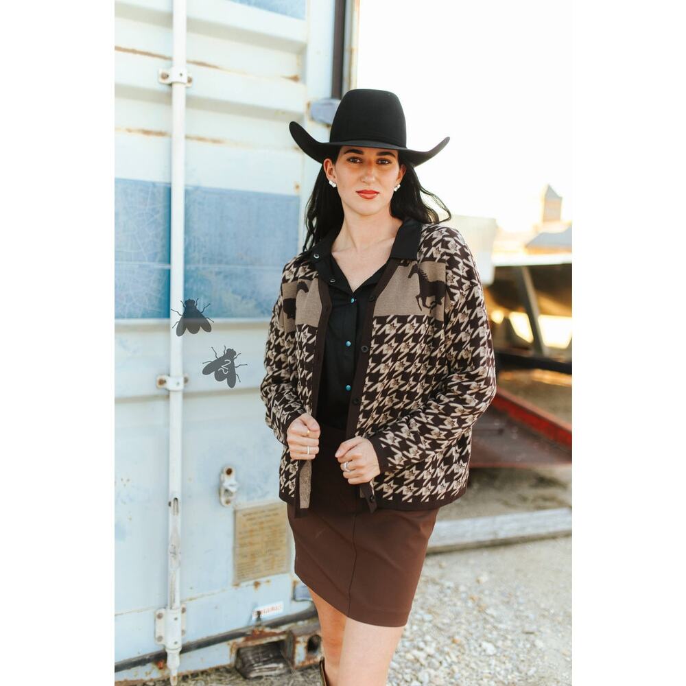 NEW 2 Fly Co Western Horse Cardigan Brown Tan Button Front Knit Boho Cowgirl